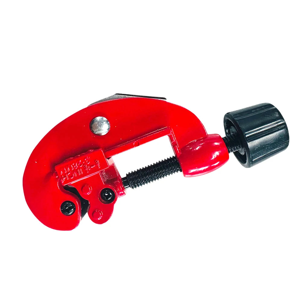 Red pipe cutter with black handle on a white background