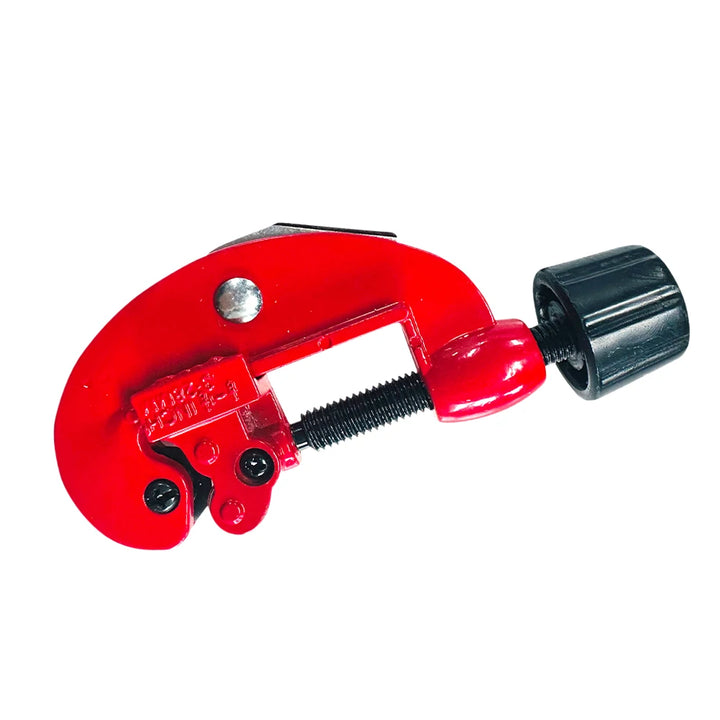 Red pipe cutter with black handle on a white background