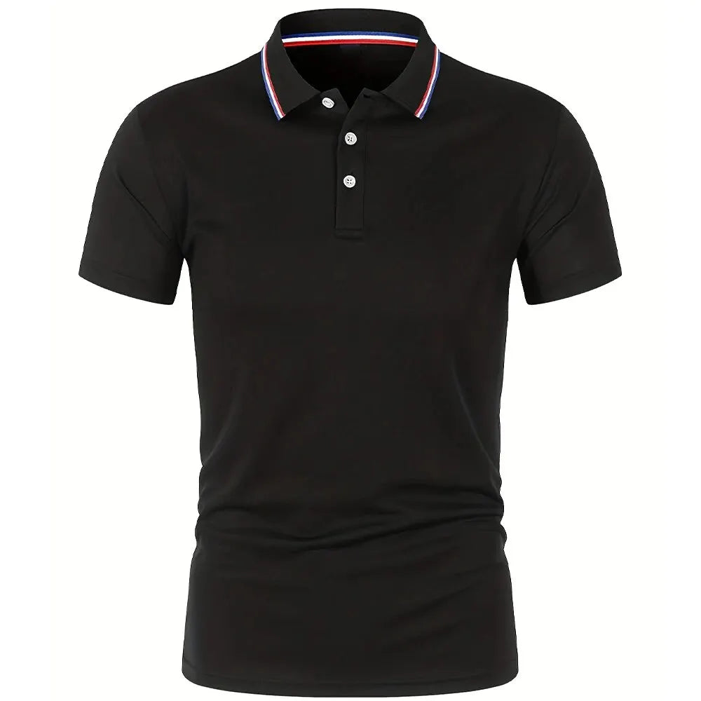 Black polo shirt with a colorful collar on a white background