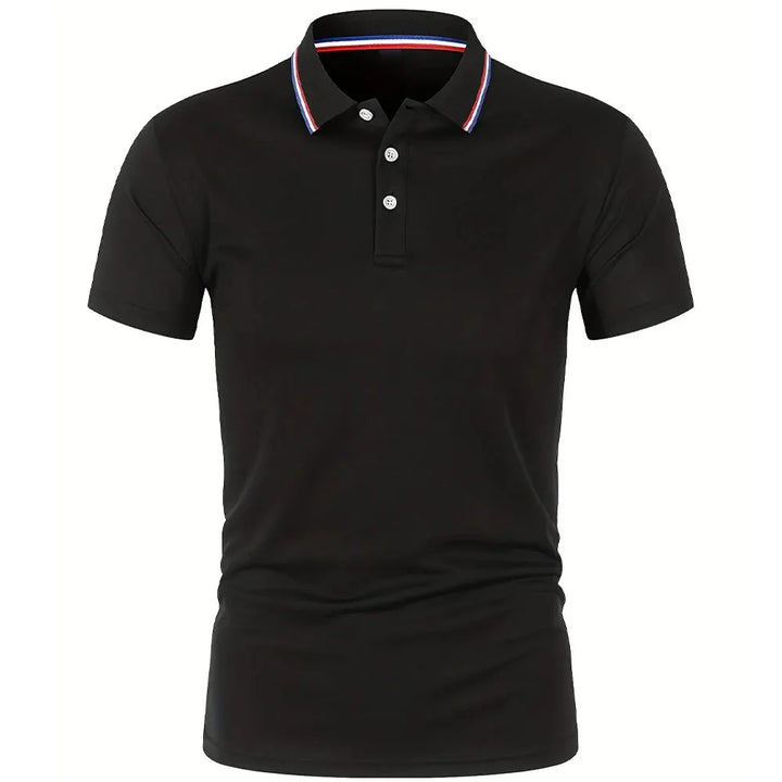 SmartGearPros Men's Polo Shirt in black, breathable polyester polo shirt with button collar and stylish trim.