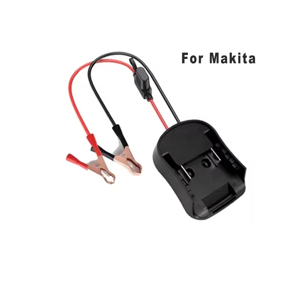 Battery adapter with red and black cables for Makita on a white background