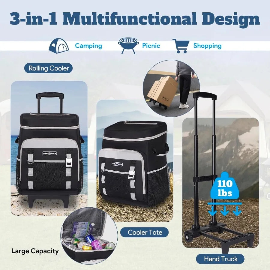 Multifunctional rolling cooler with camping, picnic, and shopping icons on a white background.