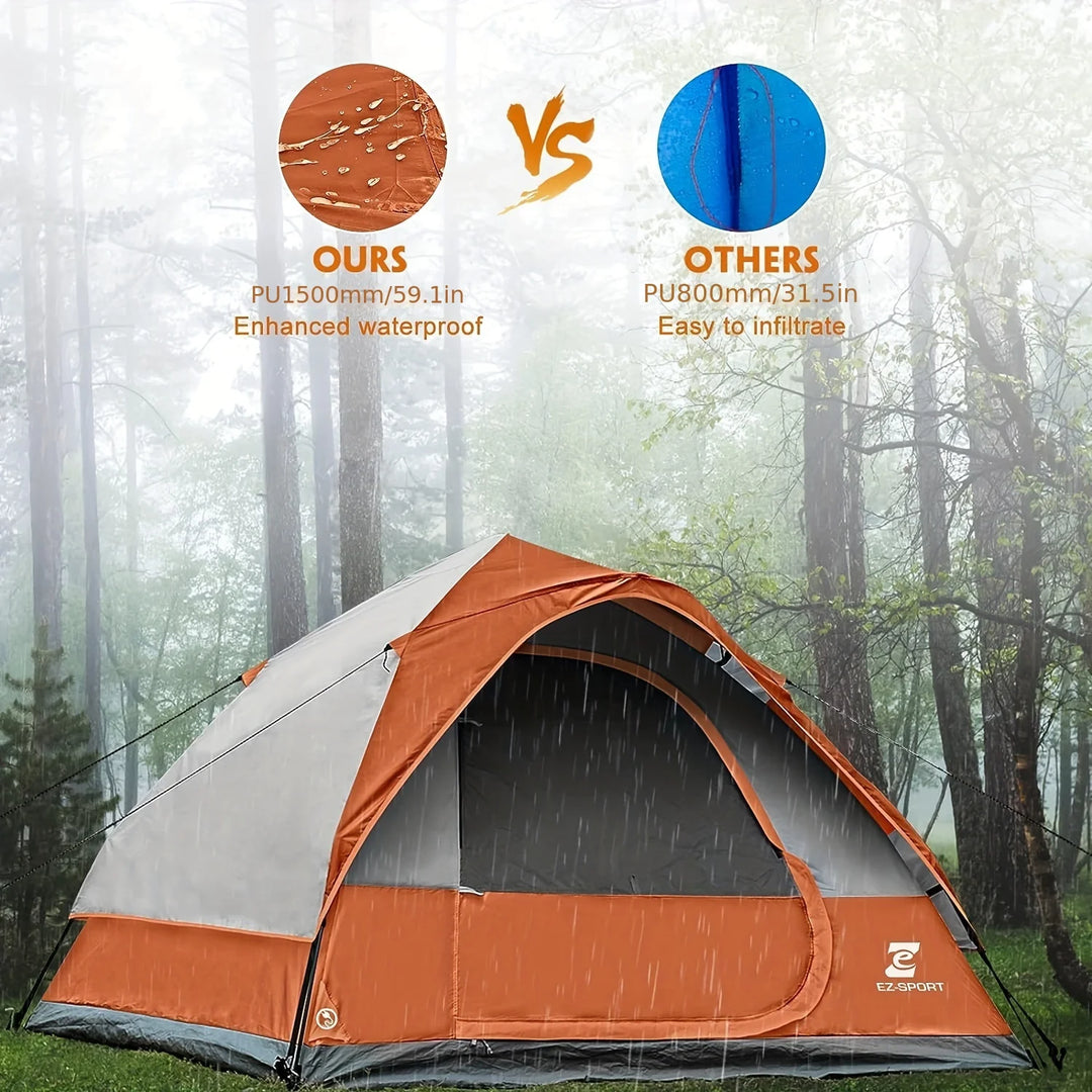 Orange and gray tent in a forest with comparison text about waterproofing.