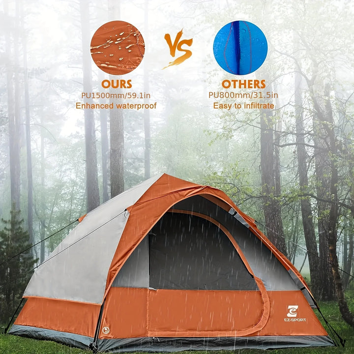 Orange and gray tent in a forest with comparison text about waterproofing.