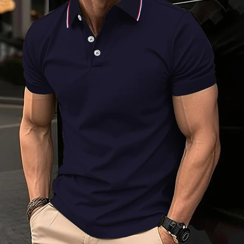 SmartGearPros breathable polyester polo shirt in navy with button collar for men, featuring a stylish design.