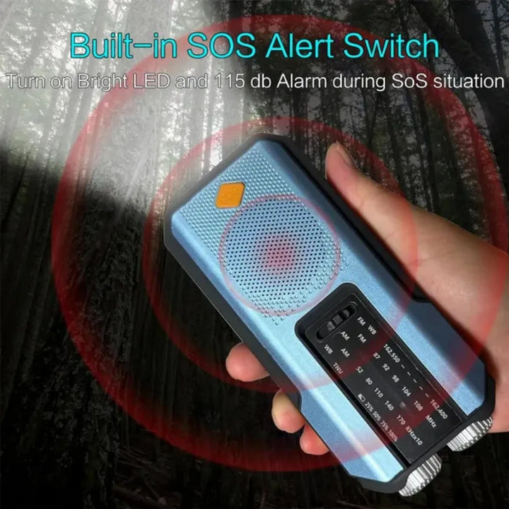 Hand holding a portable radio with SOS alert switch feature