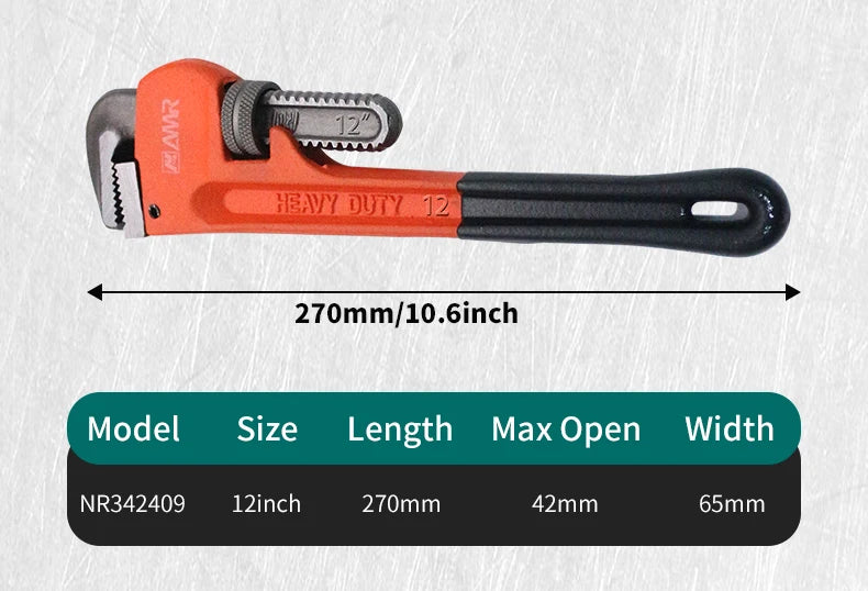 Heavy-duty pipe wrench with measurement details on a white background