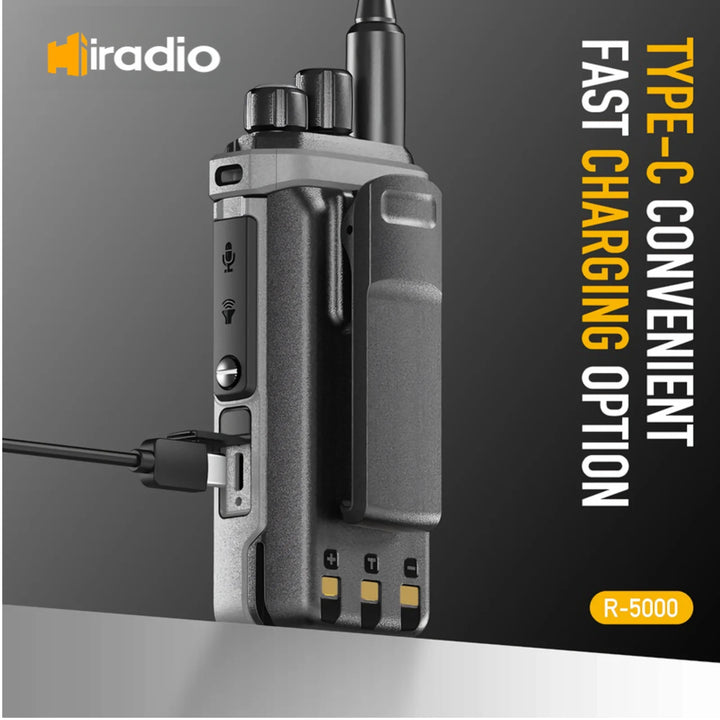 Walkie-talkie with USB cable and 'iradio' branding on a dark background
