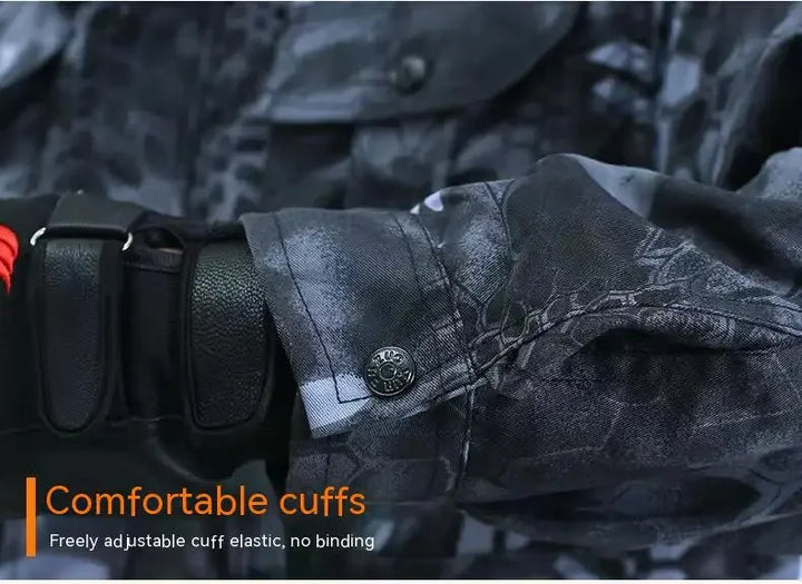 Close-up of a jacket with adjustable cuffs and camouflage pattern, with text indicating comfort features.