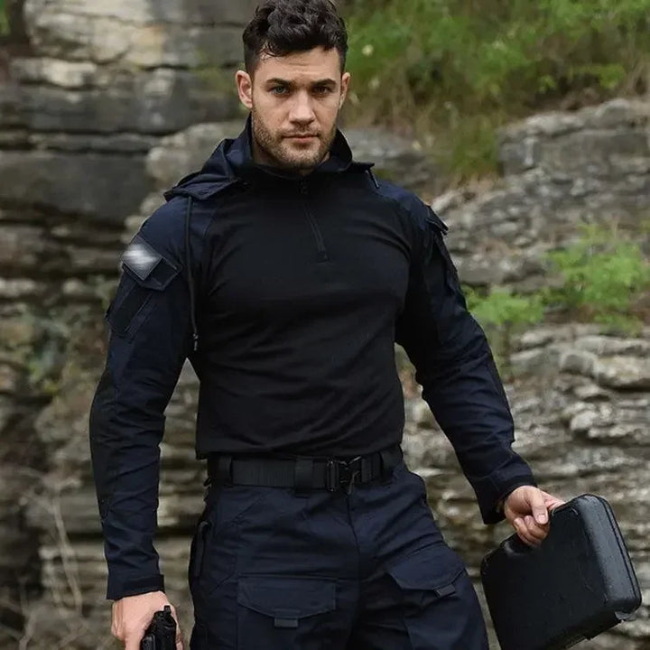 SmartGearPros Outdoor Camo Combat T-Shirt Hooded - Mens Tactical Shirt Airsoft Paintball Hunting