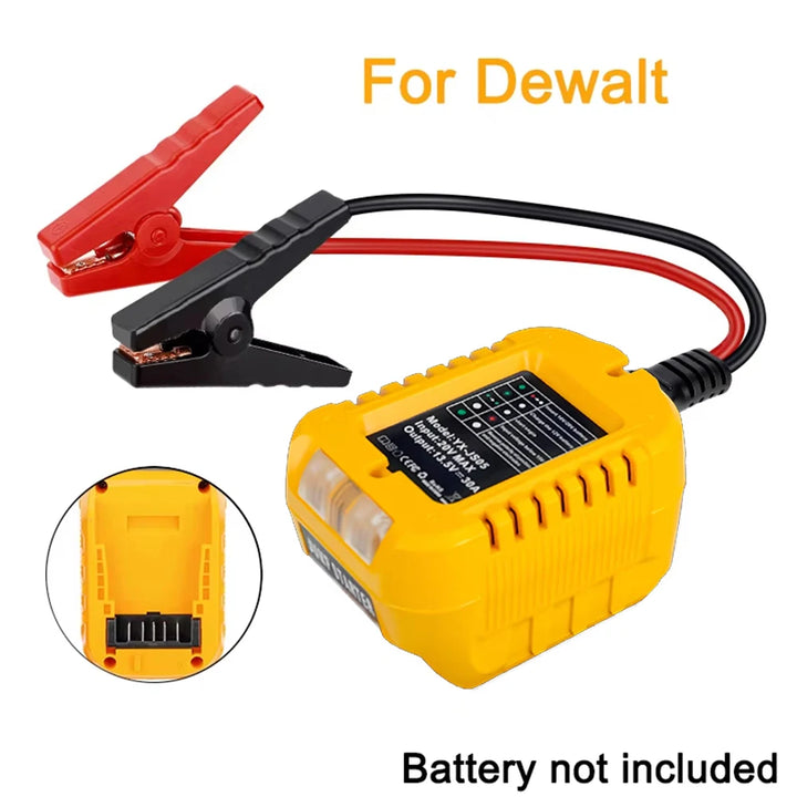 Yellow battery charger with red and black clamps on a white background, labeled 'For Dewalt'.
