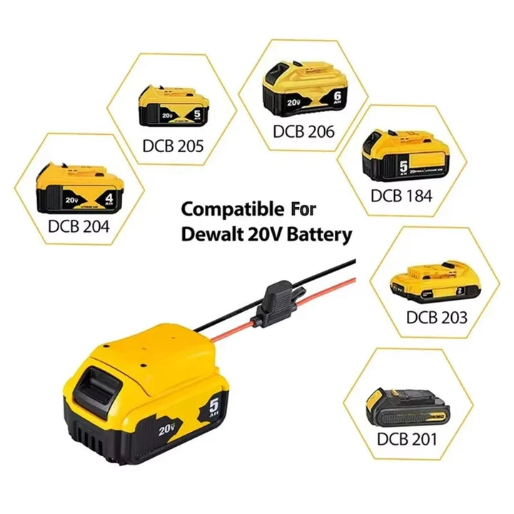 Collection of Dewalt 20V battery packs with compatibility information on a white background
