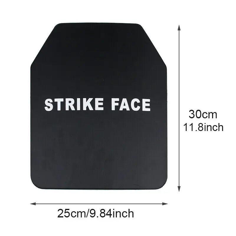 Black protective plate with 'STRIKE FACE' text and measurements on a white background