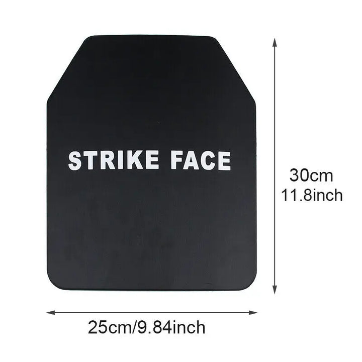 Black protective plate with 'STRIKE FACE' text and measurements on a white background