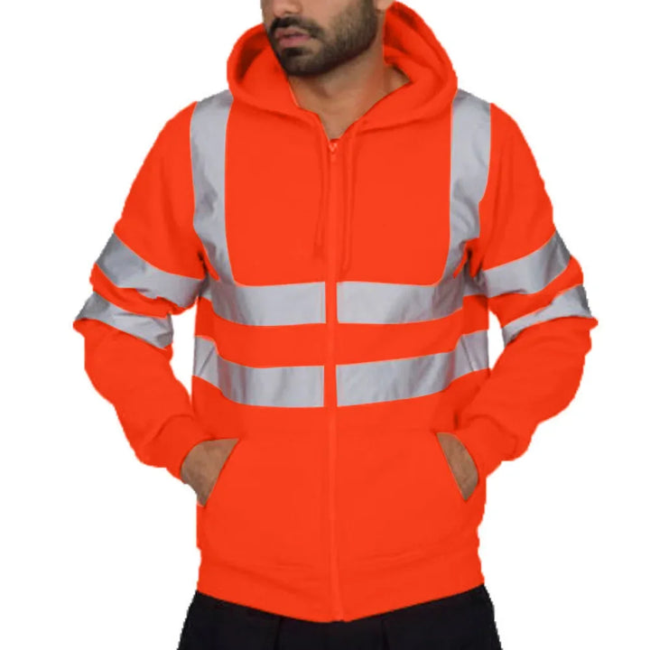 Orange hoodie with reflective stripes worn by a person on a white background