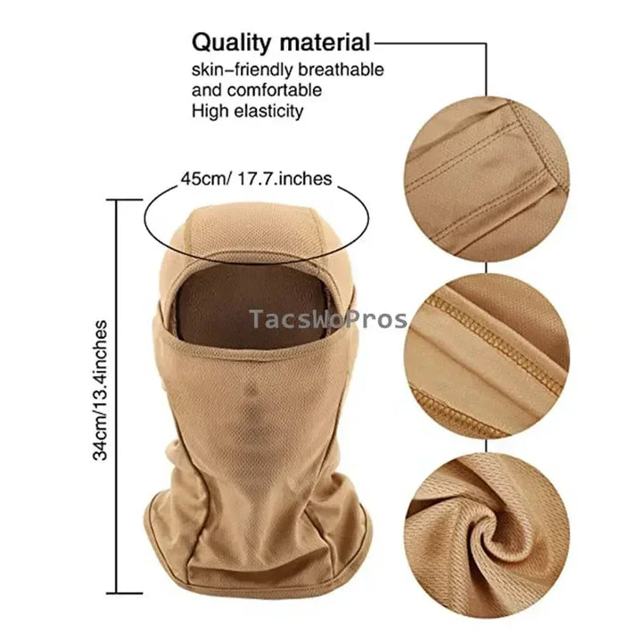 Tan balaclava with material quality, size, and texture details on a white background