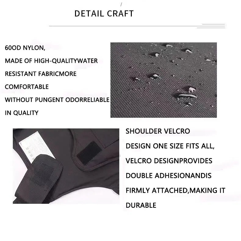 Product details including material, comfort, durability, and design features on a white background.