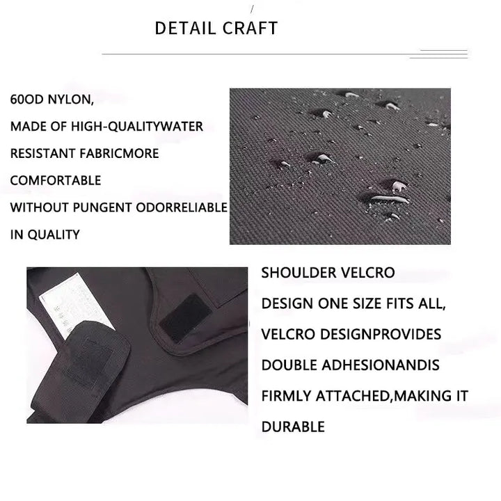 Product details including material, comfort, durability, and design features on a white background.