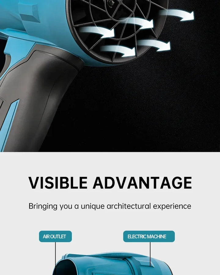 Close-up of a blue and black air blower with text 'Visible Advantage' on a white background.