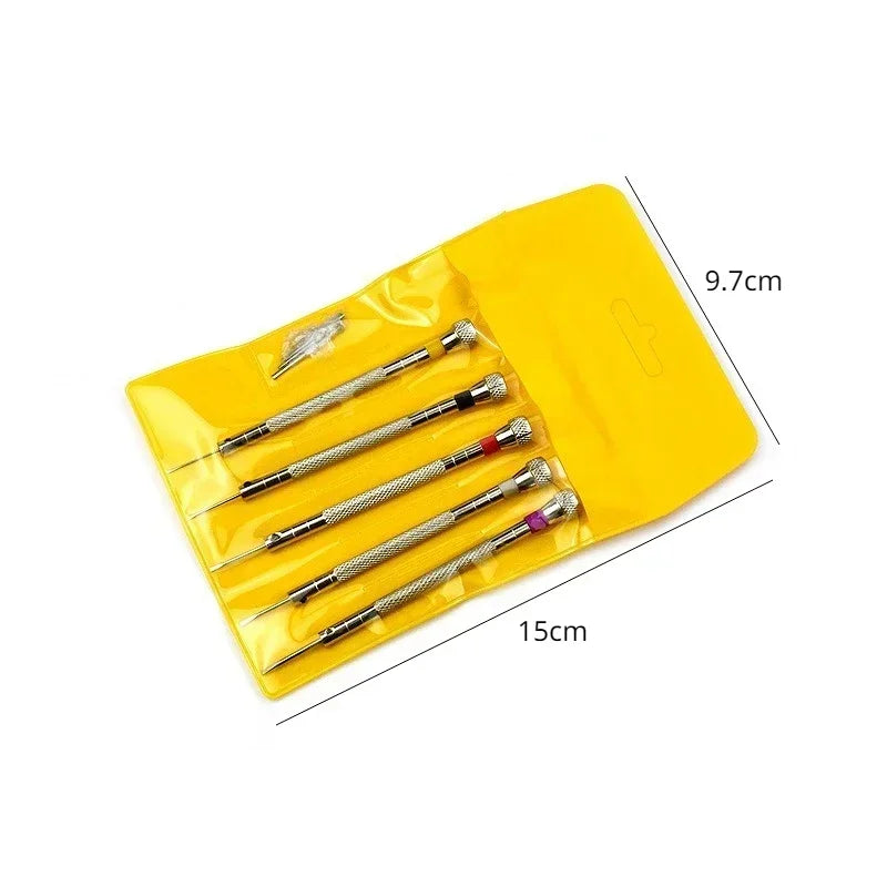 Five precision steel screwdrivers with color-coded heads neatly arranged on a clean wooden surface, alongside a yellow blister pack case showing the full 5-piece set with extra bits.