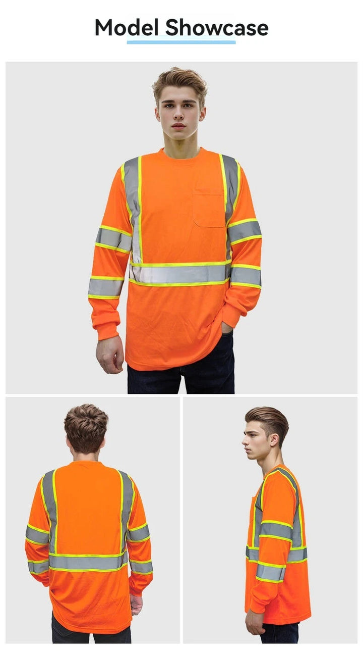 Person wearing an orange high-visibility safety shirt with reflective stripes, shown from front, back, and side views.