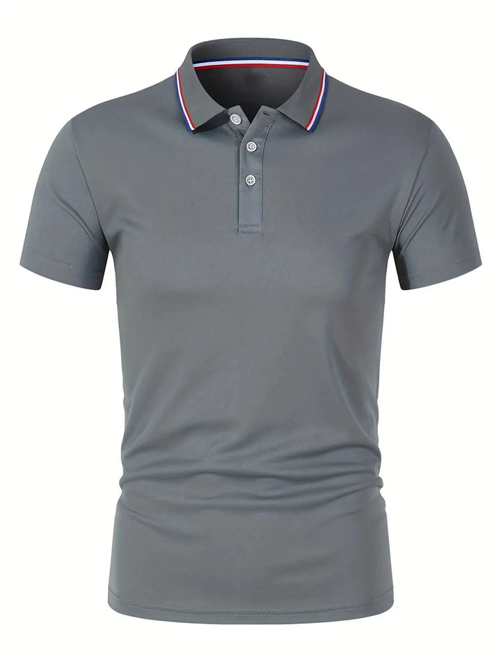 SmartGearPros Men's Polo Shirt - breathable polyester polo shirt in gray with button collar and stylish trim.