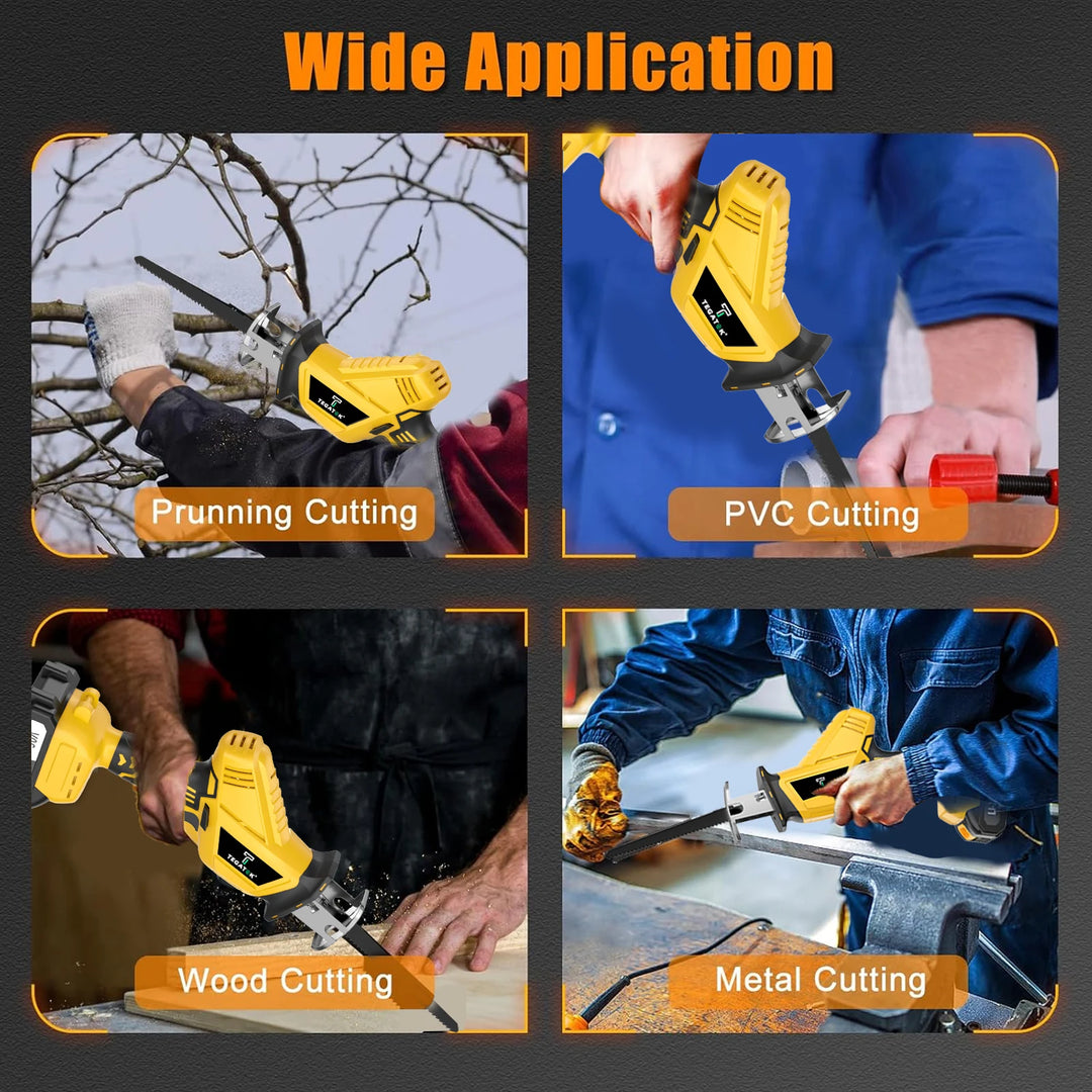 Electric reciprocating saw in use for pruning, PVC cutting, wood cutting, and metal cutting on a dark background.