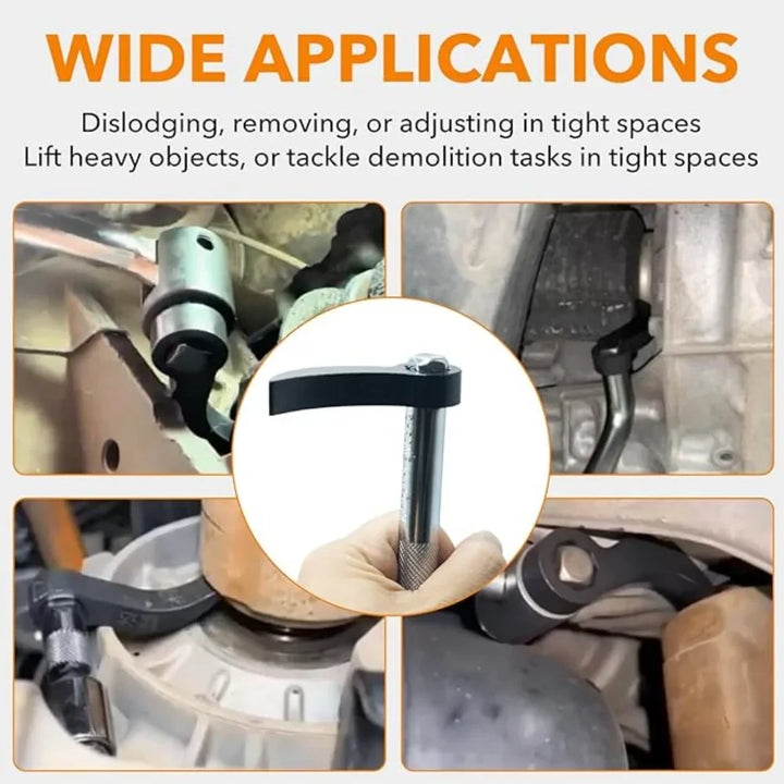 Mechanical tool with text about its applications in tight spaces and heavy object lifting.