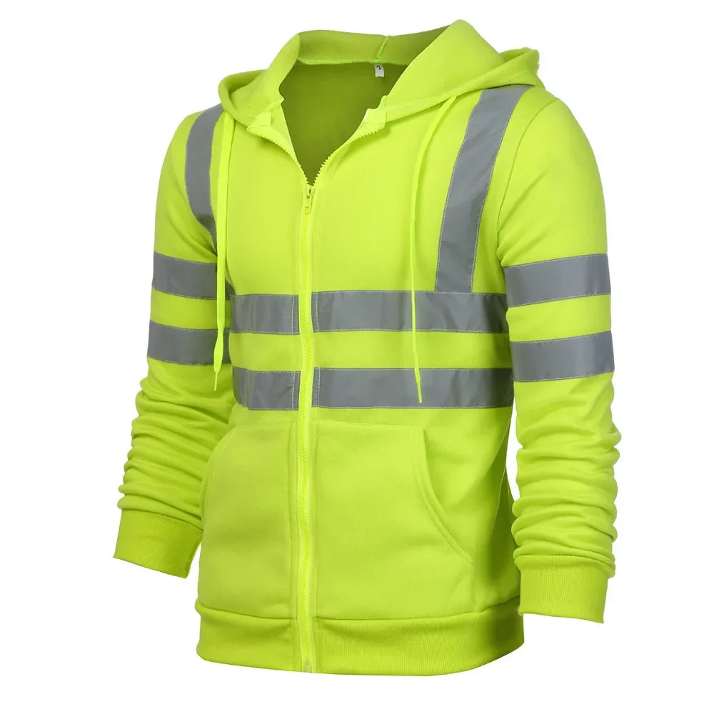 Hi-vis yellow hoodie with reflective stripes on a white background