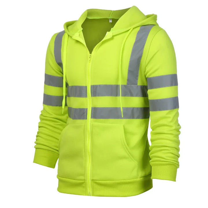 Hi-vis yellow hoodie with reflective stripes on a white background
