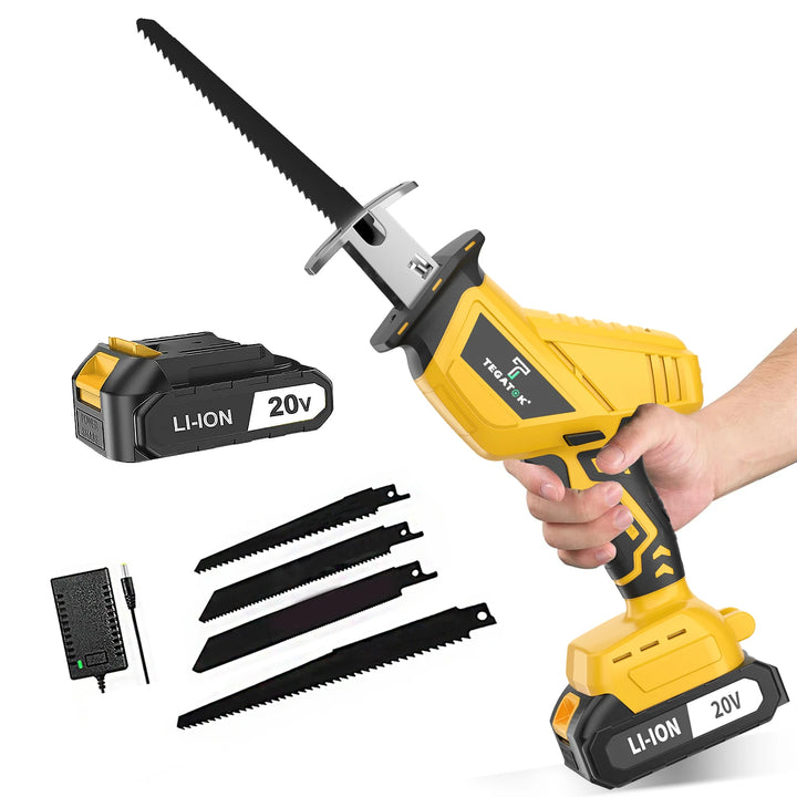 Yellow reciprocating saw with battery and additional blades on a white background