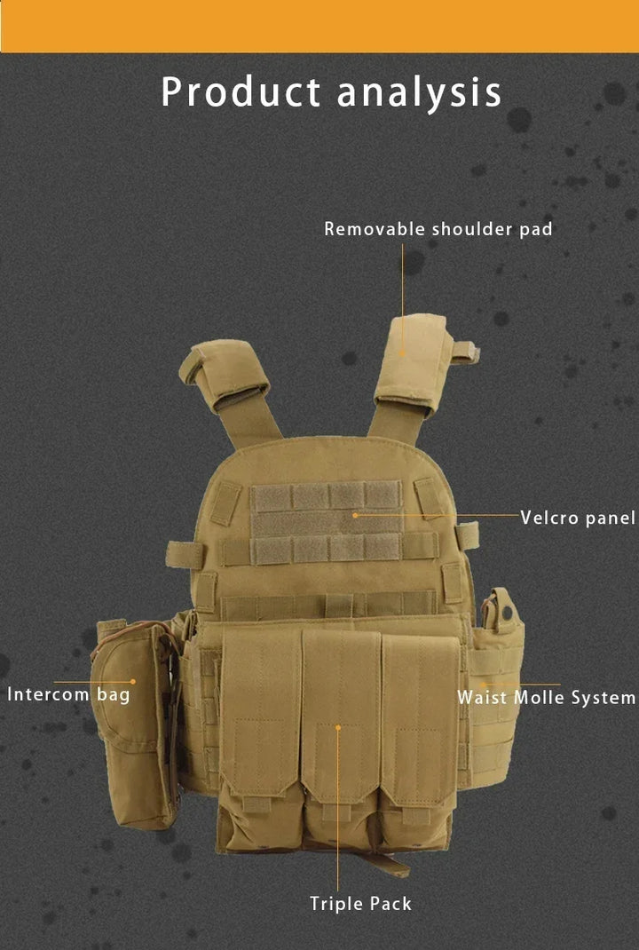Tactical vest with labeled components on a dark background