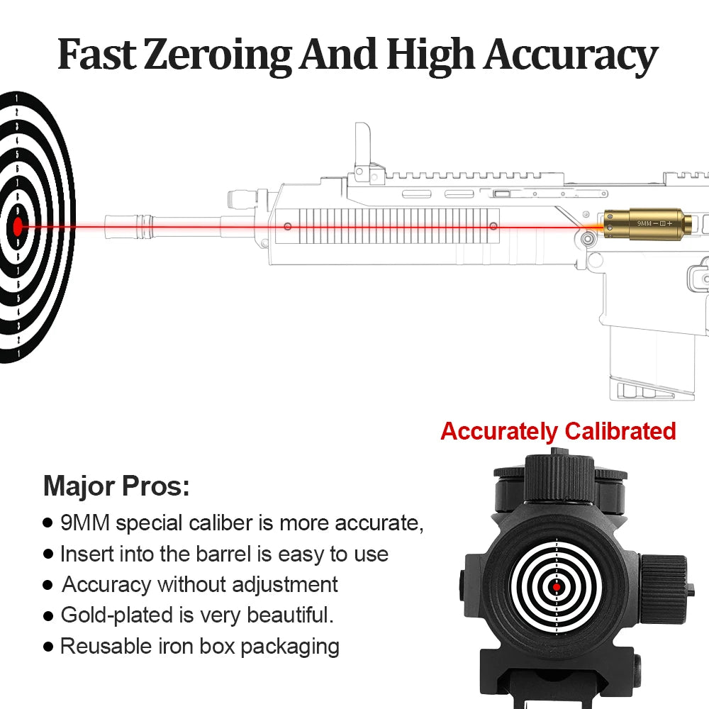 Diagram of a firearm with laser sight and target, highlighting fast zeroing and high accuracy.