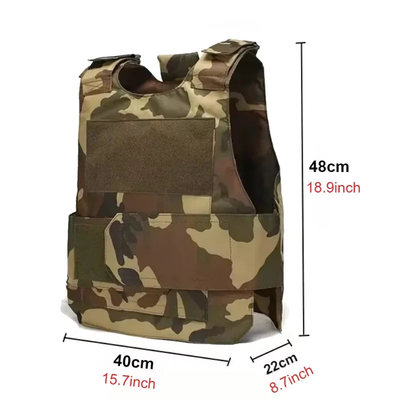 Camouflage tactical vest with measurements on a white background