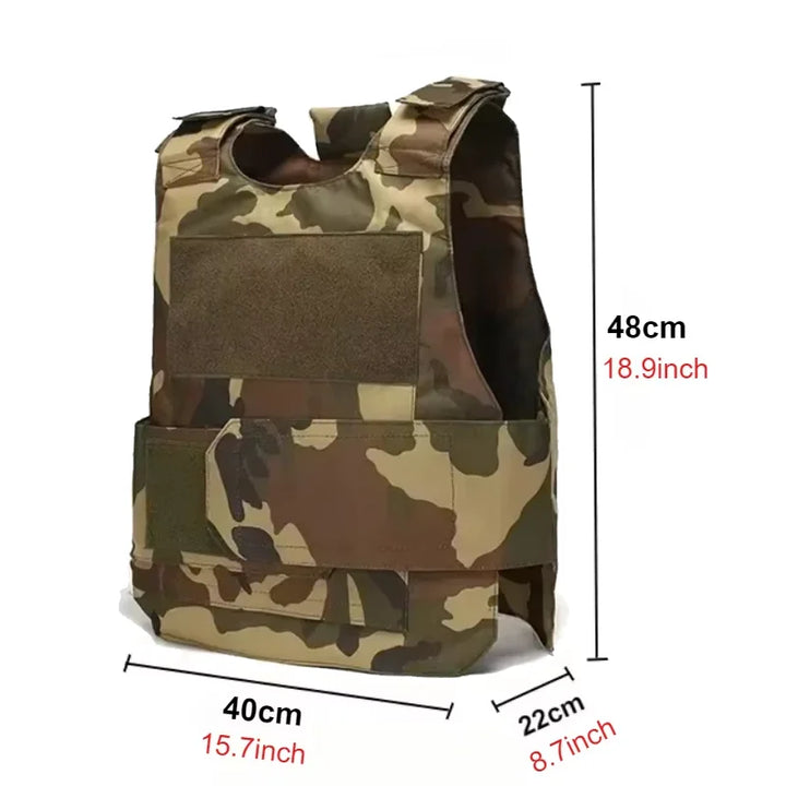 Camouflage tactical vest with measurements on a white background
