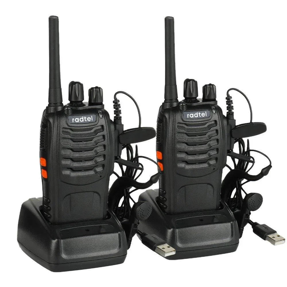 Two black walkie-talkies with antennas on a white background, featuring the brand 'radtel'.