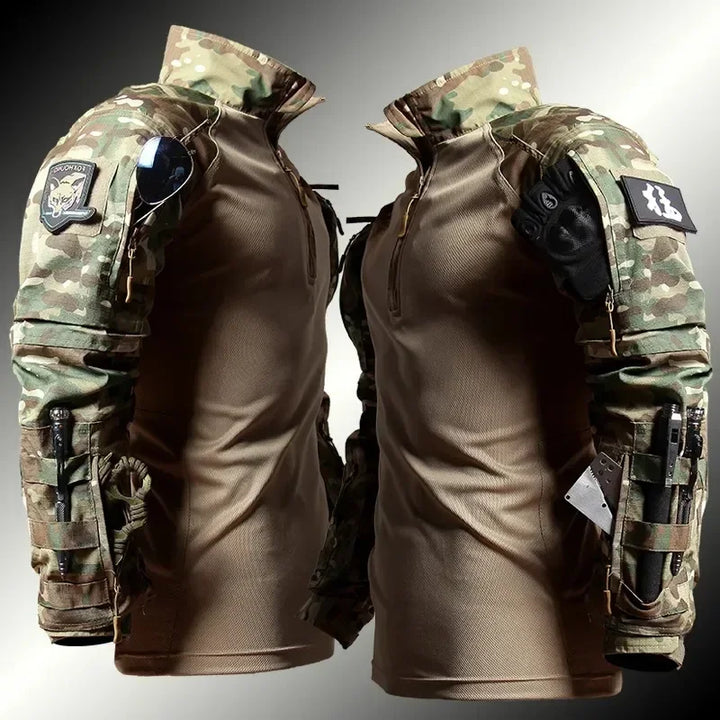 Camouflage tactical vest with visible branding on a gradient background