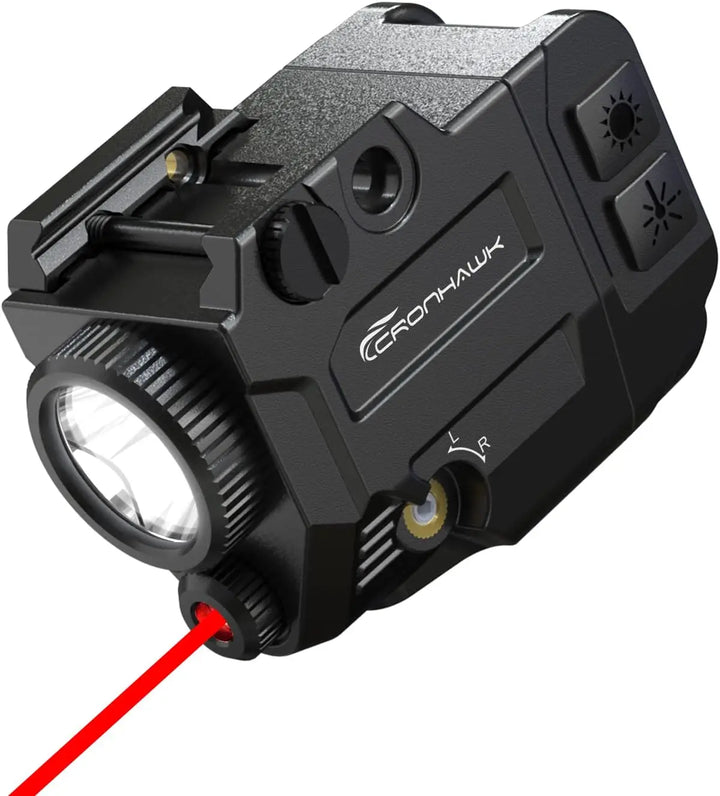 Black tactical light with red laser and Cronhawk branding on a white background