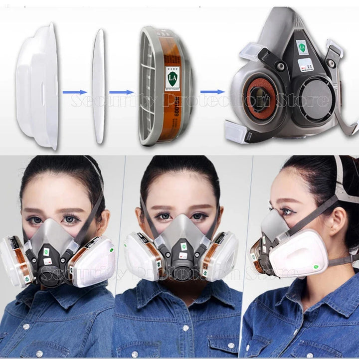 17-in-1 6200 Gas Mask Respirator mask with filter cartridges and a woman wearing the mask.