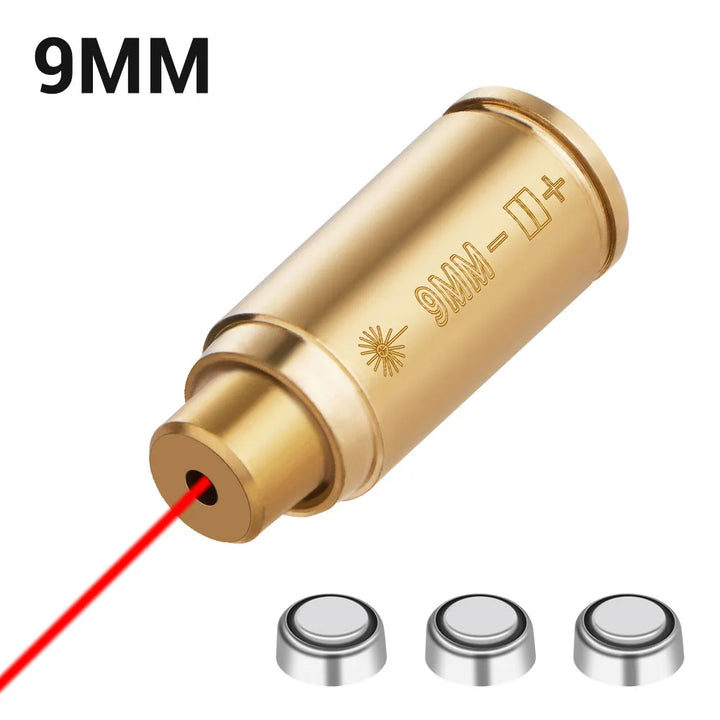 Gold laser pointer with '9MM' marking and red laser beam on a white background