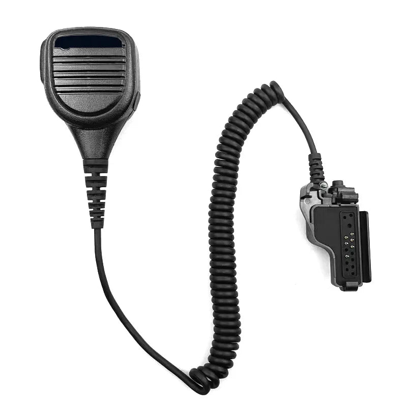 Black microphone with coiled cable on a white background