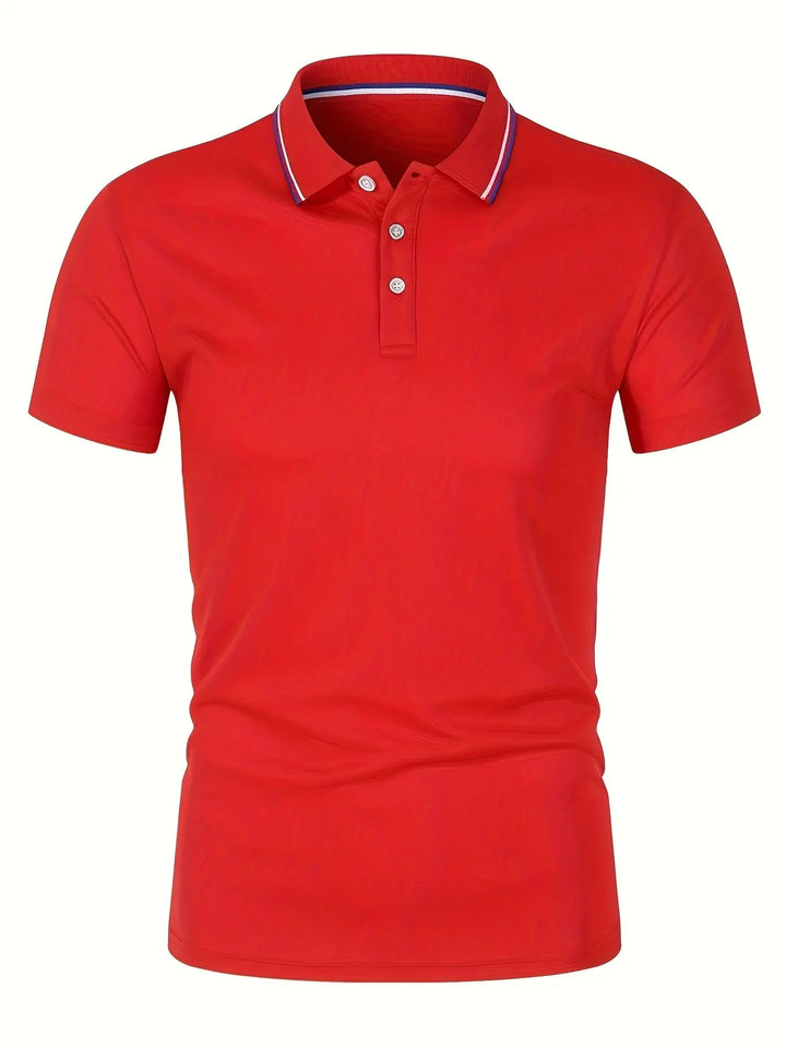 SmartGearPros Men's Polo Shirt in red, a breathable polyester polo shirt with button collar, perfect for casual wear.