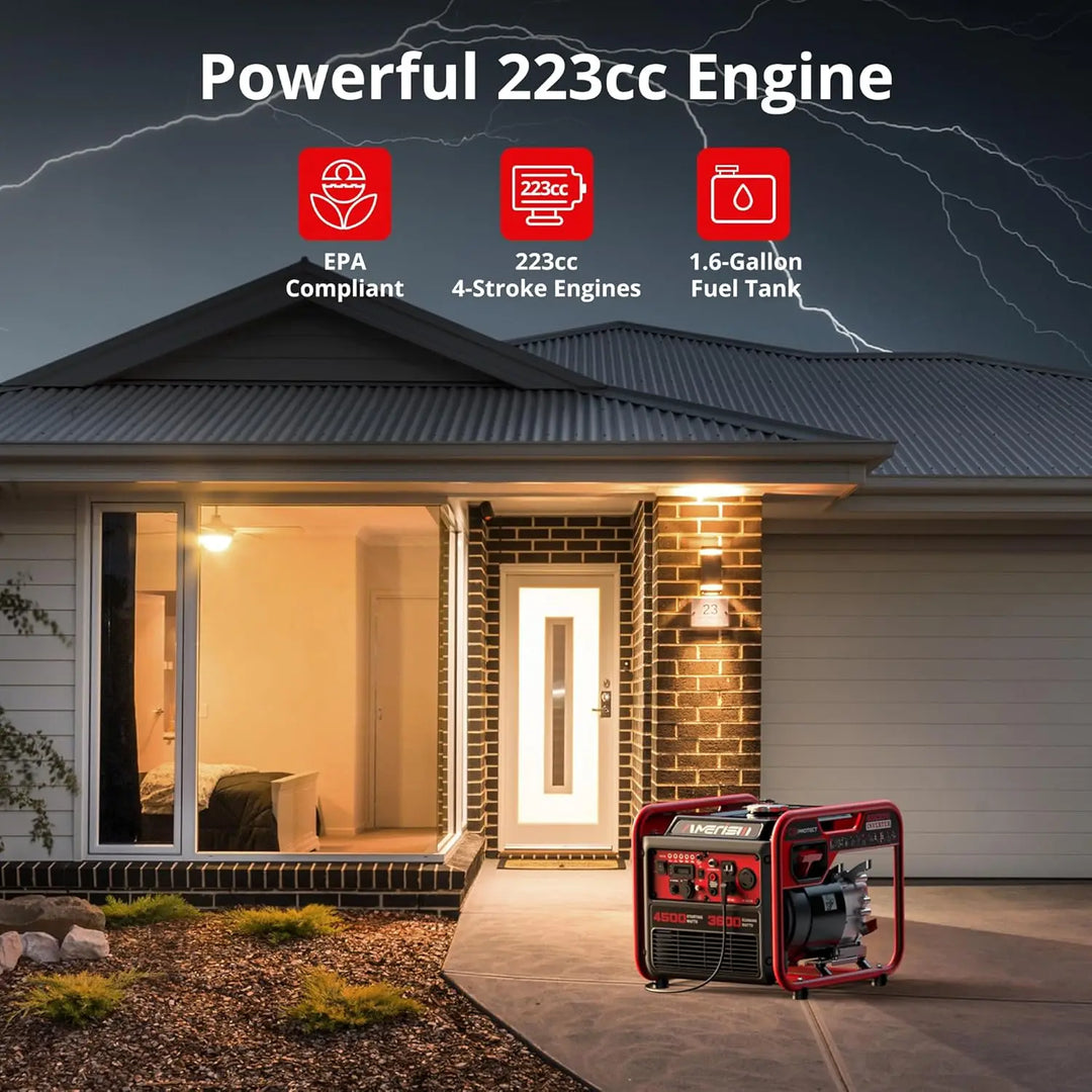 Portable generator in front of a house with text highlighting engine specifications.