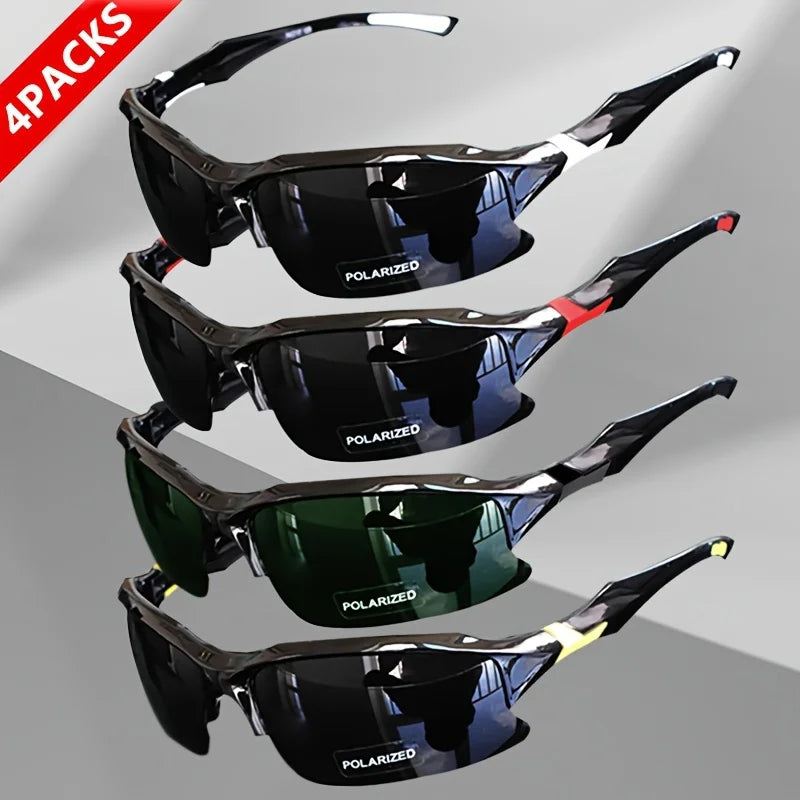 Four pairs of polarized sunglasses with different colored lenses on a gray background.