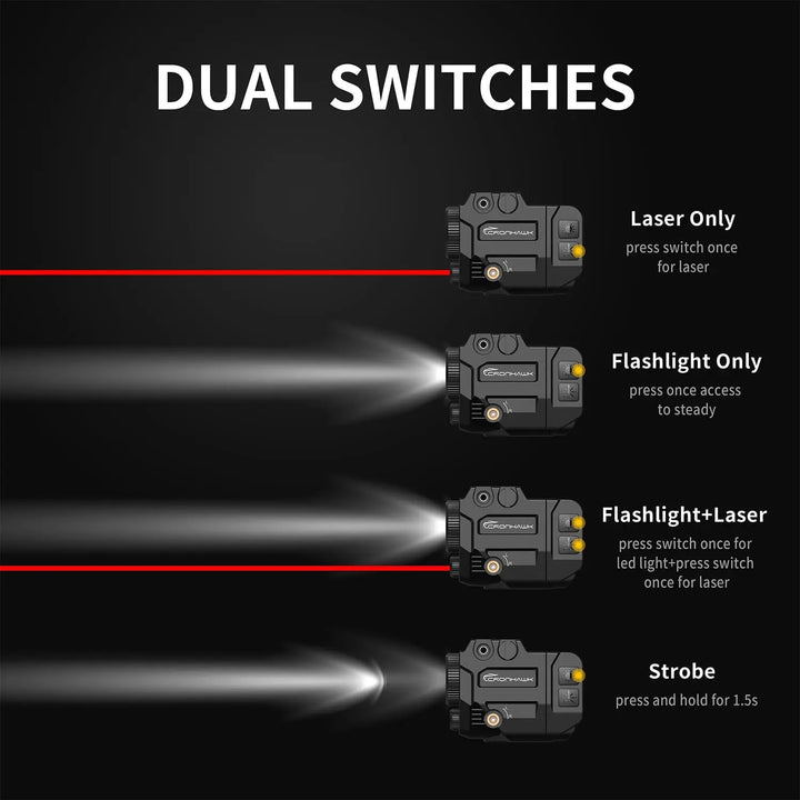 Dual switch flashlight with laser feature on a black background