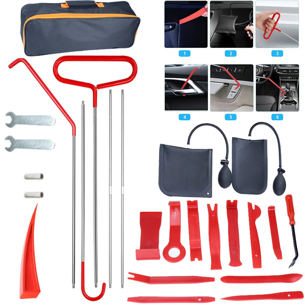 Set of car door trim removal tools with a carrying bag on a white background.