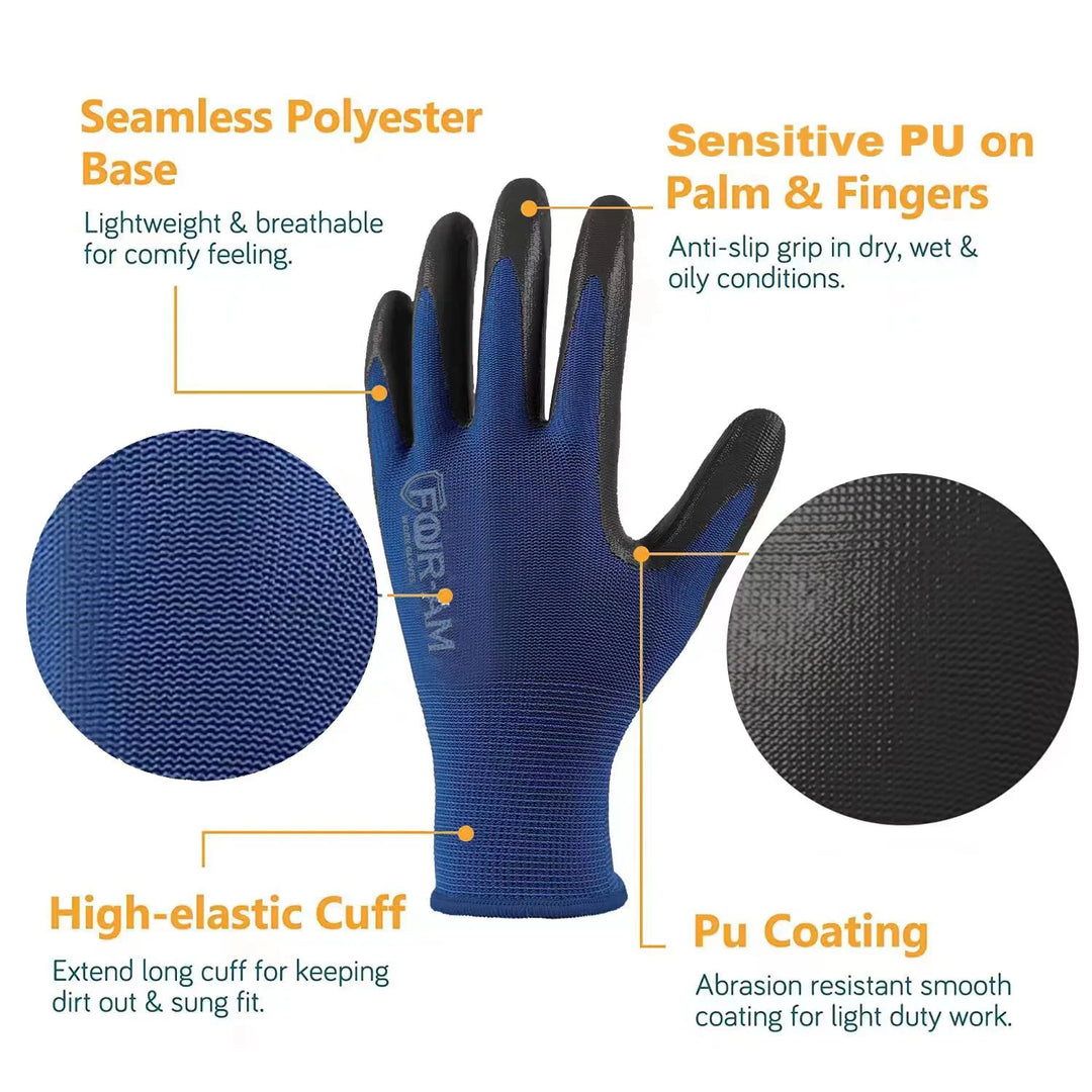 12Pairs Ultra Thin Pu Coated Work Gloves Excellent Grip Nylon Shell Black Polyurethane Coated Safety Work Gloves Knit Wrist Cuff product image showing features or usage
