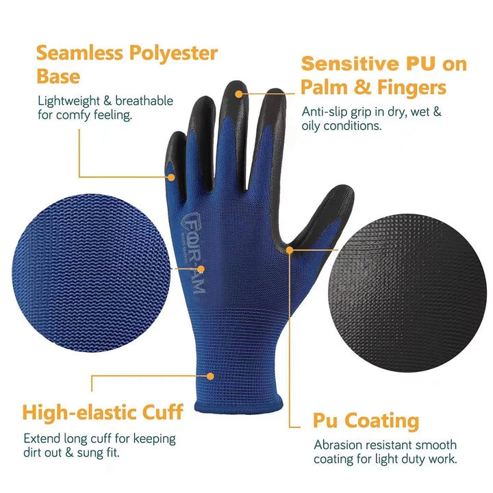 12Pairs Ultra Thin Pu Coated Work Gloves Excellent Grip Nylon Shell Black Polyurethane Coated Safety Work Gloves Knit Wrist Cuff product image showing features or usage