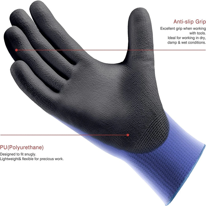 12Pairs Ultra Thin Pu Coated Work Gloves Excellent Grip Nylon Shell Black Polyurethane Coated Safety Work Gloves Knit Wrist Cuff product image showing features or usage