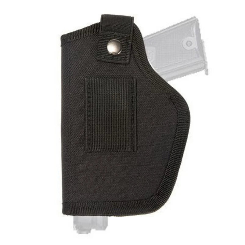 Black holster with a gun clip on a white background